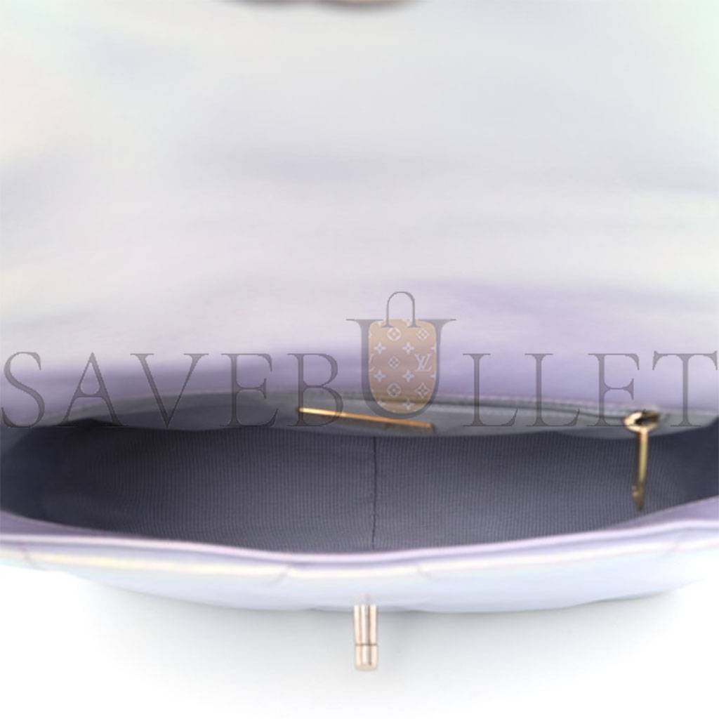 Ch*el iridescent calfskin quilted medium Ch*el 19 flap light silver purple blue as1160 (26*17*8cm)